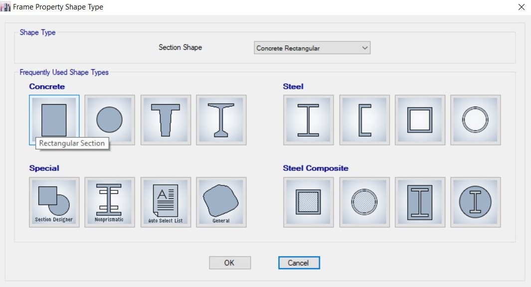 Frame Properfy Shap Type > Rectangular Section